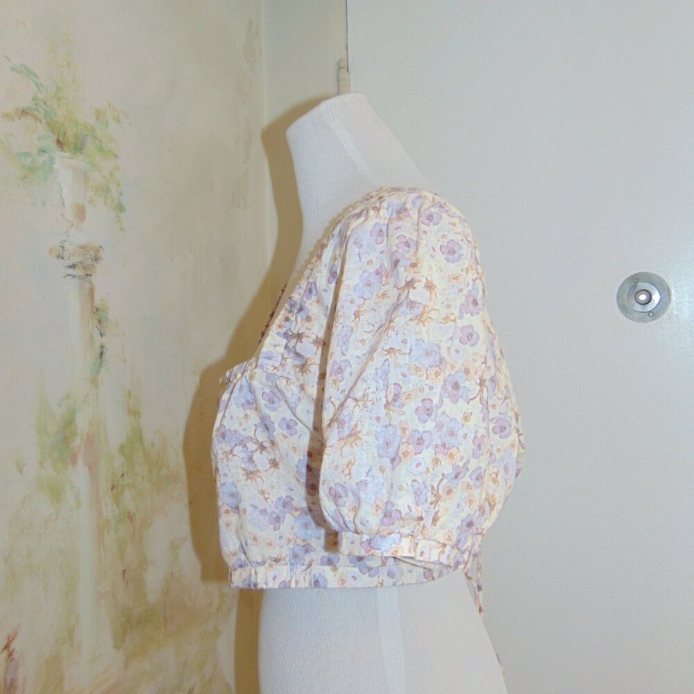 H&M LINEN Blend Cropped Watercolor Floral Blouse Top Prairie Corset Back Violet - Picture 3 of 10